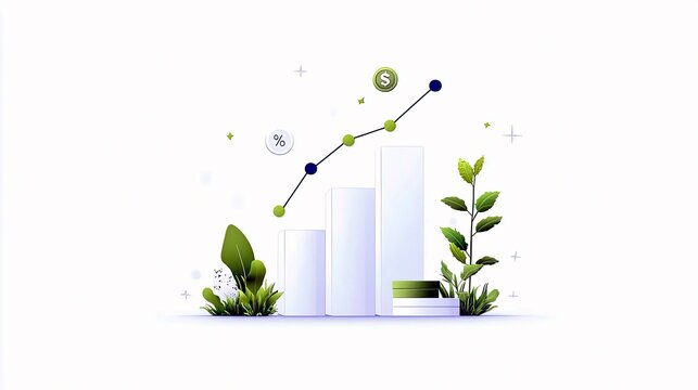 A financial growth chart with a rising line graph, dollar coin, percentage symbol, and green plants, symbolizing business success and investment.