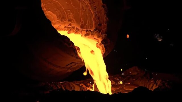 Industrial process of pouring hot liquid metal in a foundry.