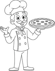 Black and White Line Art Chef Holding Pizza Coloring Page Vector illustration