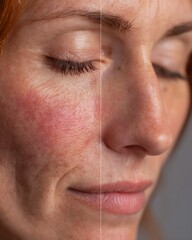 Obraz premium Macro of facial redness before whitening vs. calmer even-toned skin after treatment.