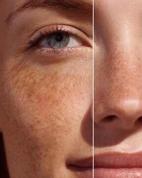 Macro comparison of uneven skin tone before whitening vs. balanced even tone after treatment.