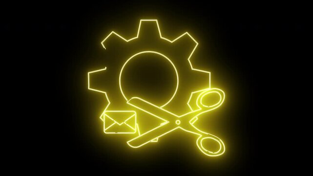 Neon outlines of a gear envelope and open scissors on a black background
