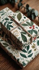 Eco-Friendly and Sustainable New Year Eve Party, handmade gift wrap with botanical print kraft paper and jute twine on rustic wood surface, cozy festive presentation for zero waste celebration