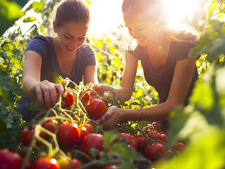 Two friends working together in a lush tomato garden, picking ripe produce under the warm sunlight and enjoying the rewarding experience of gardening.
