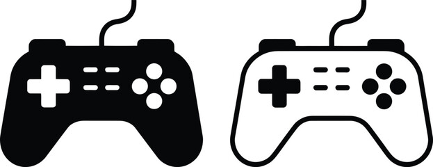 Print Dual Style Game Controller Silhouette and Outline Icon Set Vector illustration