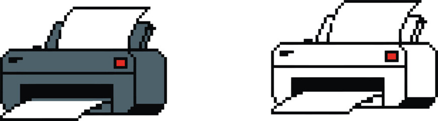 Dual Style Pixel Art Printer Icon for Retro Technology  Vector illustration