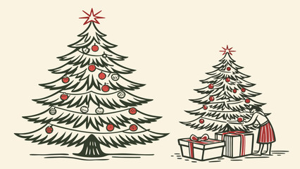 Fototapeta premium Two christmas trees with ornaments and stars and a woman decorating a smaller tree with gifts