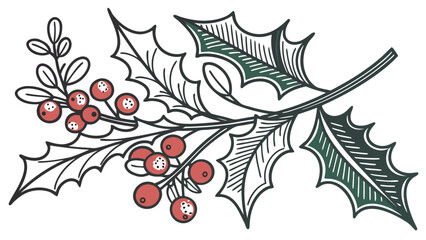 Illustration of a holly branch with red berries and green leaves in a decorative style format image