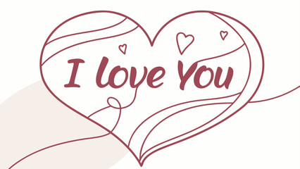 I love you message inside a heart with decorative lines and small hearts on a white background design
