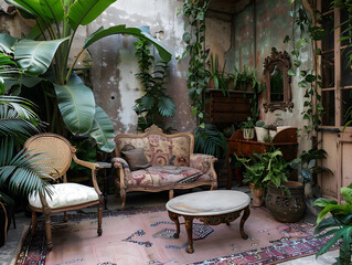 An eclectic outdoor garden patio with wicker chairs, potted plants, and soft lighting, offering a charming and peaceful space to unwind and enjoy nature's beauty.