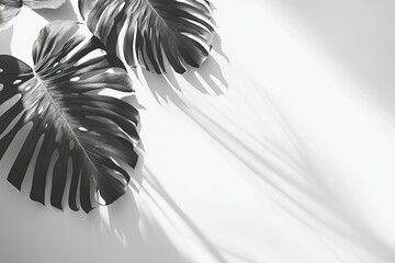 Monstera leaves contrast in grayscale, shadows on white