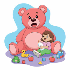 Obraz premium Illustration of a girl playing with a teddy bear and toys for children and kids educational game 100