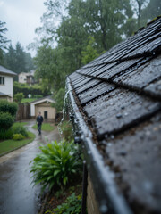 Rainfall captured on roof gutter suburban area close-up photography wet environment natural perspective