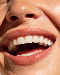Fototapeta premium Macro of laughing smile showing clean, white, naturally shining teeth.