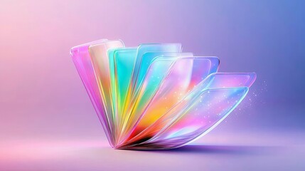 A fanned arrangement of multiple smartphones with iridescent, holographic, and colorful screens.