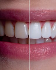 Obraz premium Split macro view showing teeth tone improvement after whitening treatment.