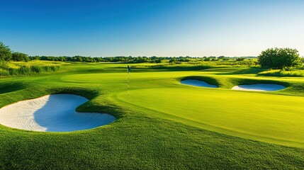 oligarchy. A golf course with manicured grass and water hazards under a sunny sky. event key visuals, club posters, designed for sports event promotions and stadium branding, drives event promotion.