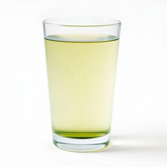 Close-up of a glass of water with a faint greenish tint, symbolizing arsenic contamination, on a plain white background with copy space. Environmental pollution and toxic substance danger concept.
