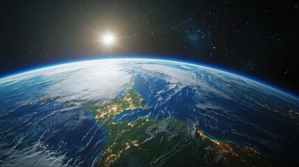 Fototapeta premium Earth from space with bright sun and cloud cover