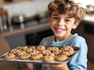 A happy boy proudly holding a tray of freshly baked cookies in the kitchen, showcasing his excitement and sense of accomplishment in a fun family activity.