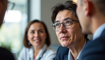 emotional intelligence leader concept. Professional discussion among diverse colleagues in a modern office setting.