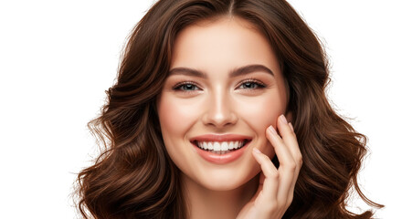 Smiling young woman with wavy brown hair and natural makeup touching her face gently isolated on transparent background