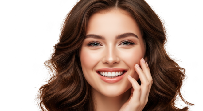 Smiling young woman with wavy brown hair and natural makeup touching her face gently isolated on transparent background