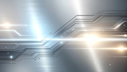 Abstract futuristic technology background with glowing circuit lines and bright light flares on a metallic surface, representing digital data flow and innovation.