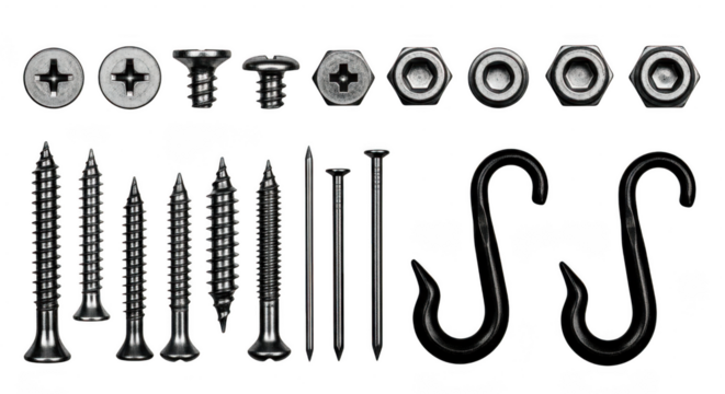 Assorted screws, bolts, nuts, hooks, and washers collection isolated on transparent background