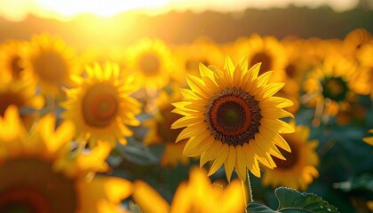 Obraz premium A close-up view of a sunflower in a field of many sunflowers, illuminated by the warm glow of the setting sun.