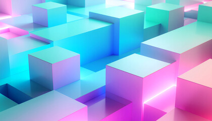 Abstract geometric landscape of glowing pastel cubes and blocks creating a vibrant, futuristic digital art composition with soft light effects.
