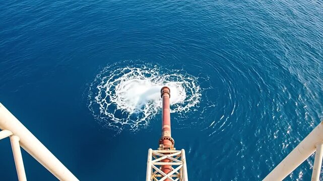 A long red and white industrial pipe extends from an offshore platform, releasing a stream of treated water into the calm, deep blue sea, forming a foamy swirl on the water's surface