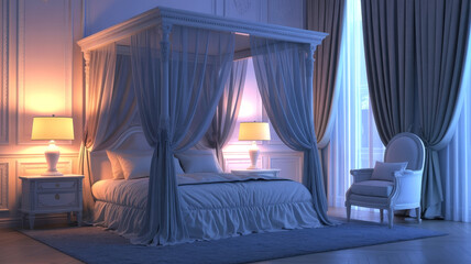 Luxurious Canopy Bed in Elegant Blue Bedroom with Draped Curtains and Soft Lighting