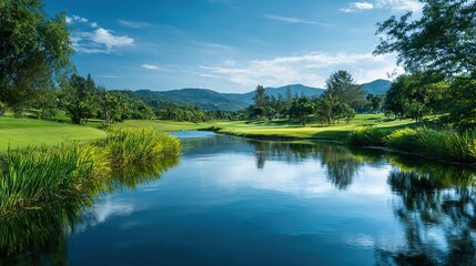 oligarchy. A golf course with manicured grass and water hazards under a sunny sky. event key visuals, club posters, designed for sports event promotions and stadium branding, drives event promotion.