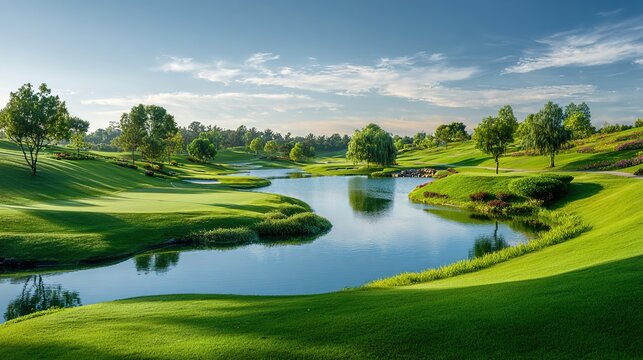 oligarchy. A golf course with manicured grass and water hazards under a sunny sky. event key visuals, club posters, designed for sports event promotions and stadium branding, drives event promotion.