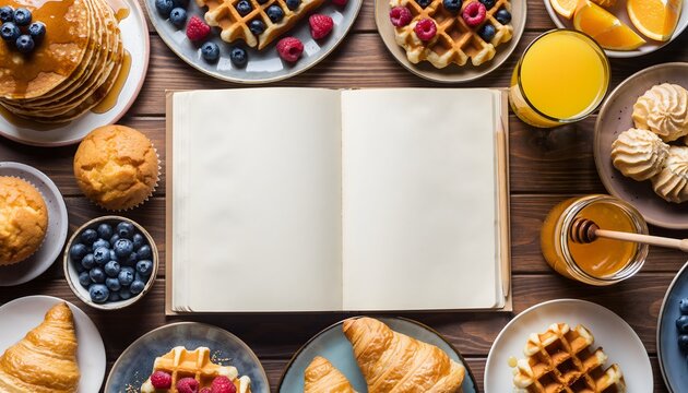 Delicious Breakfast Spread with Open Recipe Book and Fresh Fruits