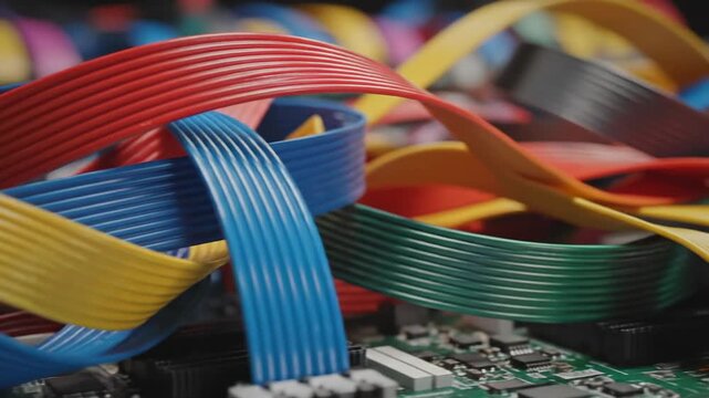 Colorful flat cables, macro shot, technology, motherboard, wires, close up, abstract background