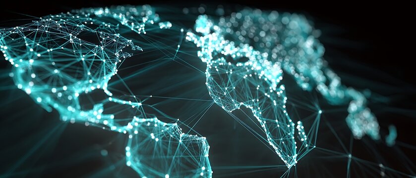 The world map is a glowing wireframe, with a glowing data grid connecting different areas of the globe.