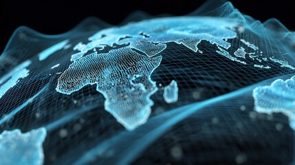 A multi-layered data network overlays a global map, like a large enterprise system.