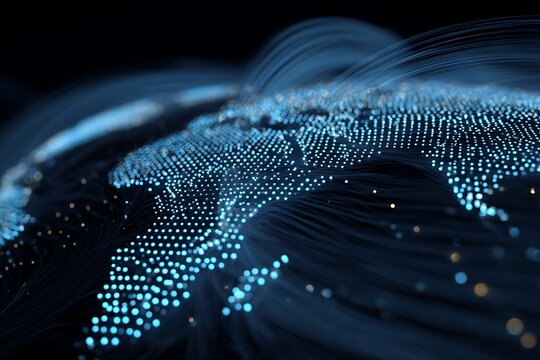 A glowing pixelated world map with pulsed bright dots connecting to lines indicating the flow of information.