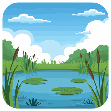 Cartoon pond landscape vector illustration with water lilies cattails and blue sky nature background design art
