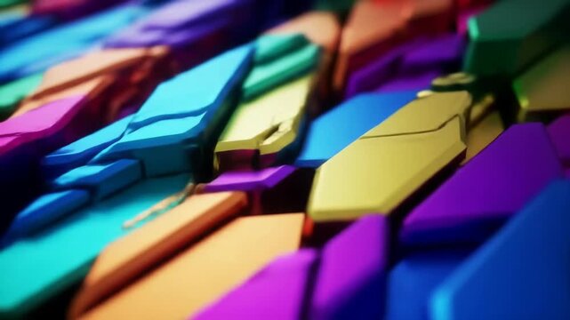 Close-up view of colorful, angular shapes resembling crystals or blocks, varying in hue, with shallow depth of field