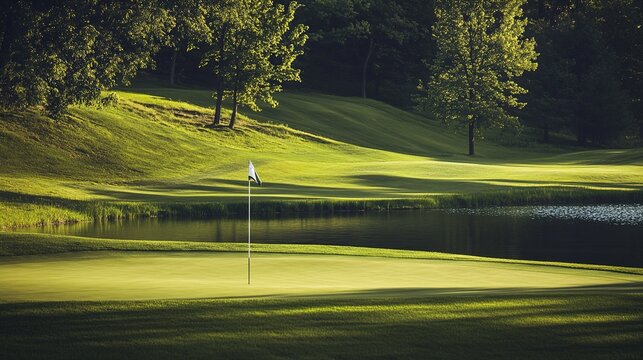 oligarchy. A golf course with manicured grass and water hazards under a sunny sky. event key visuals, club posters, designed for sports event promotions and stadium branding, drives event promotion.