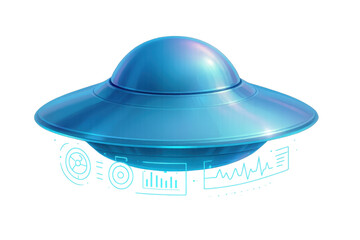Fototapeta premium Blue futuristic flying saucer hovering with holographic interface elements, concept of unidentified object and alien technology