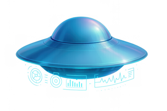 Blue futuristic flying saucer hovering with holographic interface elements, concept of unidentified object and alien technology