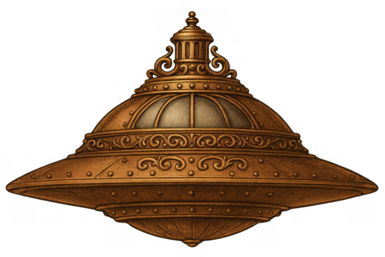 Steampunk ufo featuring ornate bronze details and rivets, a vintage science fiction flying saucer with a transparent background