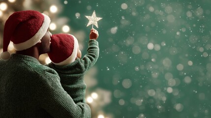 Black American father holds his small child wearing Santa hats as the baby reaches for a glowing star. Emotional family celebration concept symbolizing holiday unity and warmth