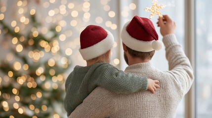 White European father and his young child in Santa hats reach to place a glowing star on a Christmas tree. Warm family holiday moment symbolizing care, love and seasonal joy