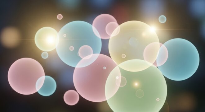 Abstract composition of glowing colorful bubbles with soft bokeh background in a surreal digital