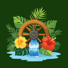 Wooden water wheel with waterfall and tropical hibiscus flowers in jungle garden flat vector illustration design © color